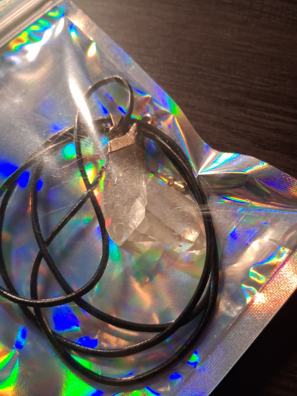 Crystal Point Pendant Necklace with Black Cord - Clear Quartz